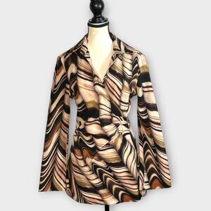 Zara Tunic Top MEDIUM Brown Black Swirled Stripes Ruched Waist